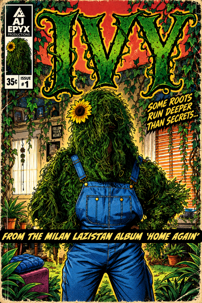 A vibrant comic book cover featuring a character with a body made of green foliage and a sunflower on their head, wearing blue overalls. The title 'IVY' is prominently displayed at the top with the tagline 'Some roots run deeper than secrets...' and a reference to the Milan Lazistan album 'Home Again'.