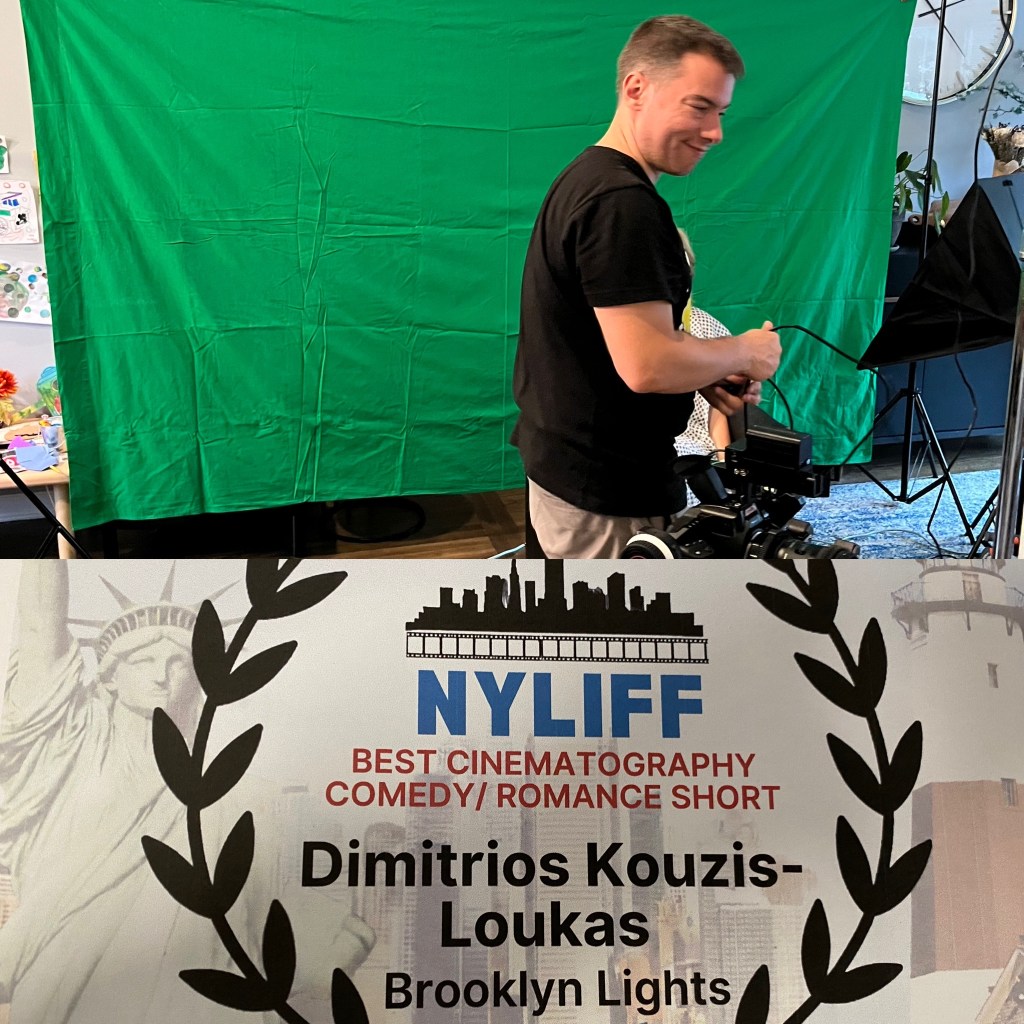 A filmmaker adjusting equipment in front of a green screen, with a film award certificate displayed below, recognizing Dimitrios Kouzis-Loukas for Best Cinematography in a Comedy/Romance Short at NYLIFF.