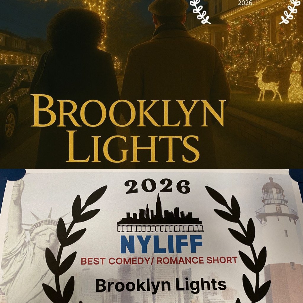 A still from the movie 'Brooklyn Lights' featuring two people standing under festive lights, with a certificate for 'Best Comedy/Romance Short' at the NYLIFF 2026 festival.