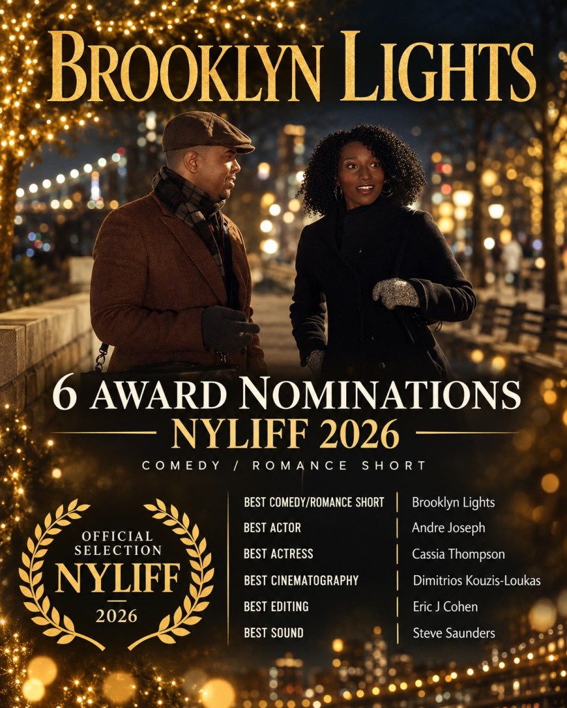 Promotional poster for 'Brooklyn Lights,' featuring two actors in a festive, illuminated city setting, highlighting six award nominations for NYLIFF 2026 in various categories.