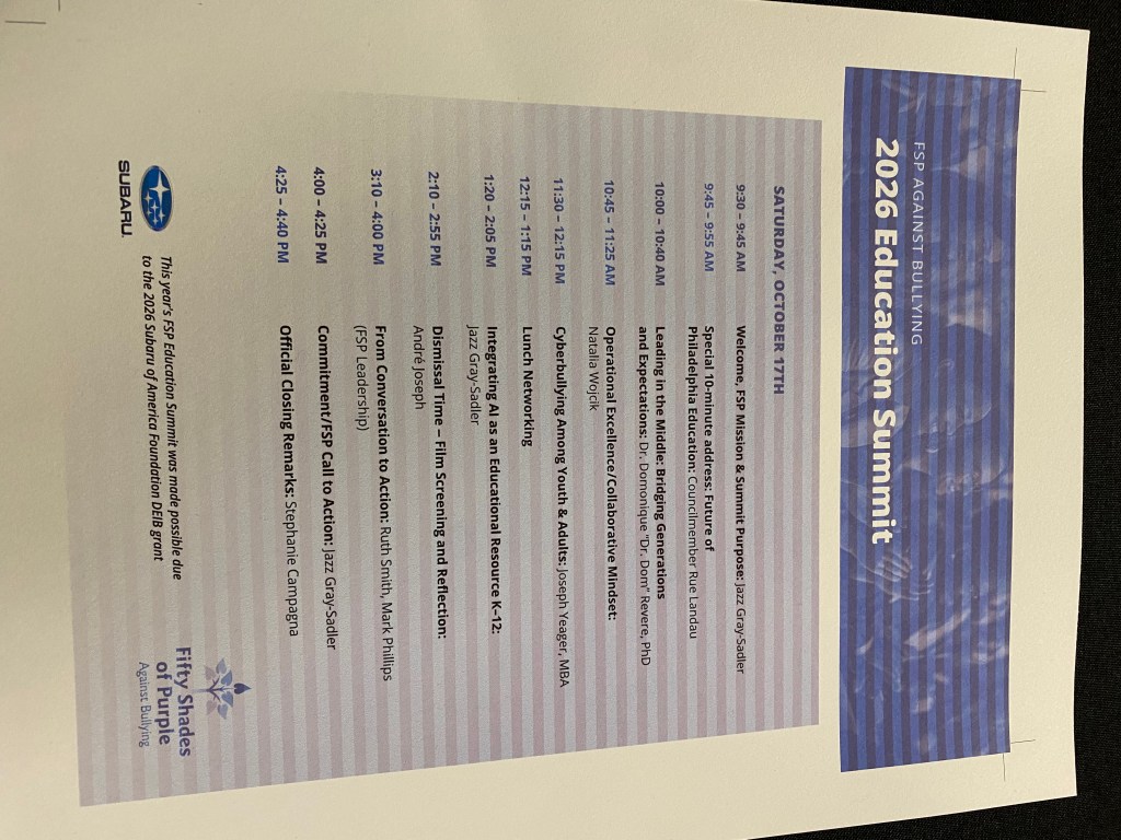 Schedule for the 2026 Education Summit, featuring various sessions and their timings, organized by FSP Against Bullying.