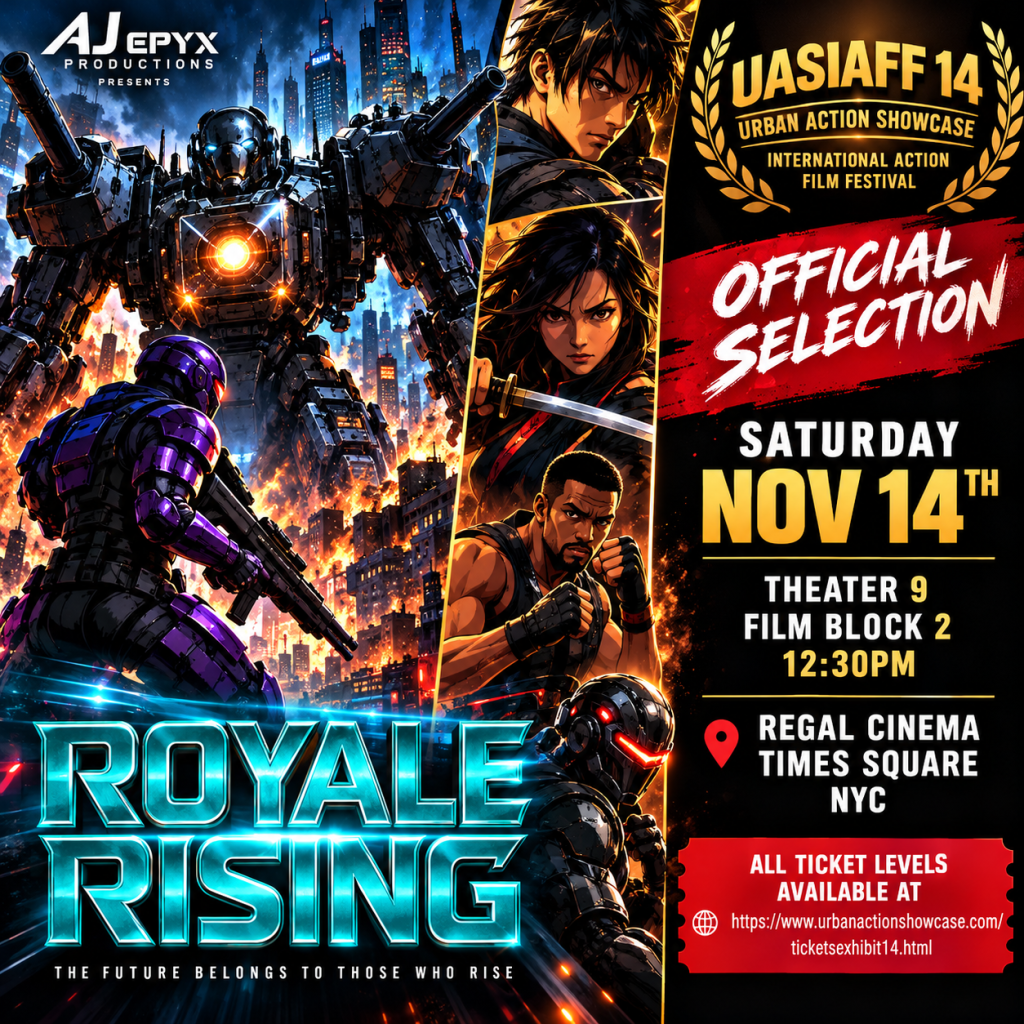 Promotional poster for 'Royale Rising' featuring a large robotic figure in a city skyline, with characters in action poses, announcing its selection for the UASIAFF 14 festival on November 14th at Regal Cinema, Times Square, NYC.